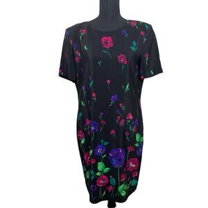 Vintage Liz Claiborne 100% silk floral‎ dress Short Sleeve Shoulder Pad 80 90 10